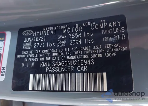 2022 Hyundai Elantra Sel z USA, uszkodzony, nr VIN KMHLS4AG6NU216943